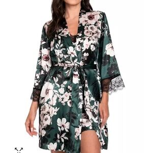 Floral Satin Kimono Robe - Green